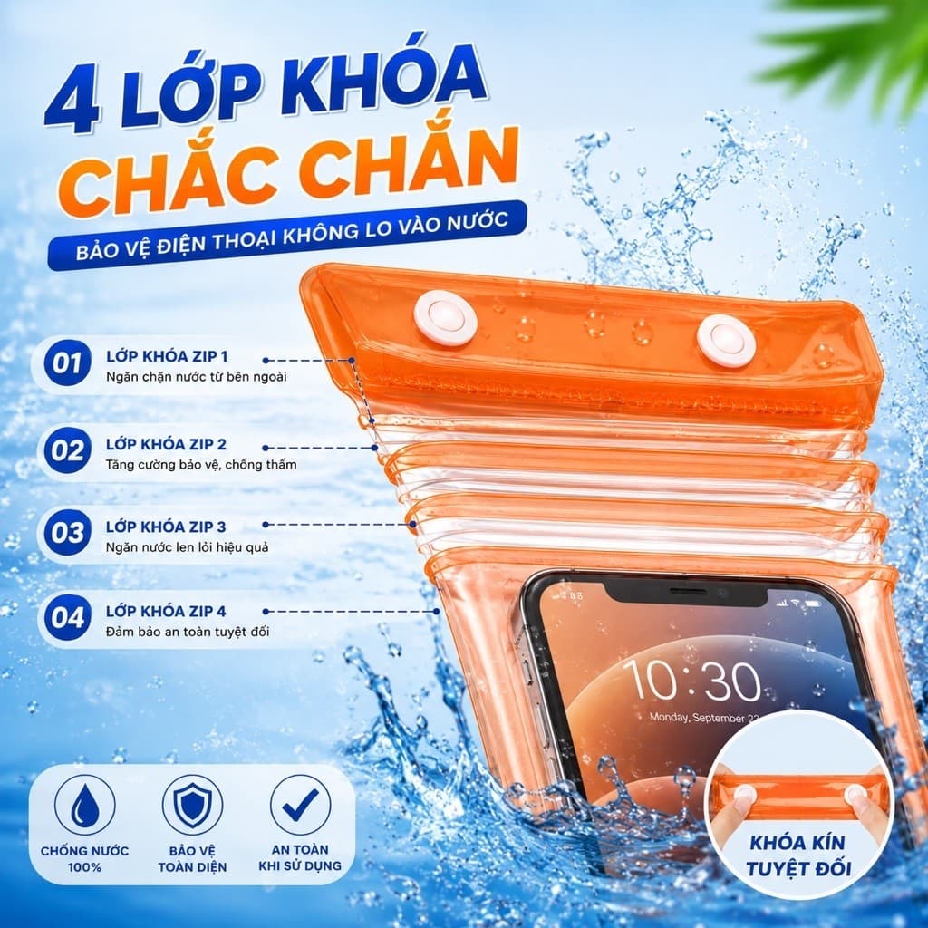 Túi Chống Nước Điện Thoại Có Phao, 4 Lớp Khóa Chắc Chắn, Trong Suốt Cảm Ứng Mượt Mà