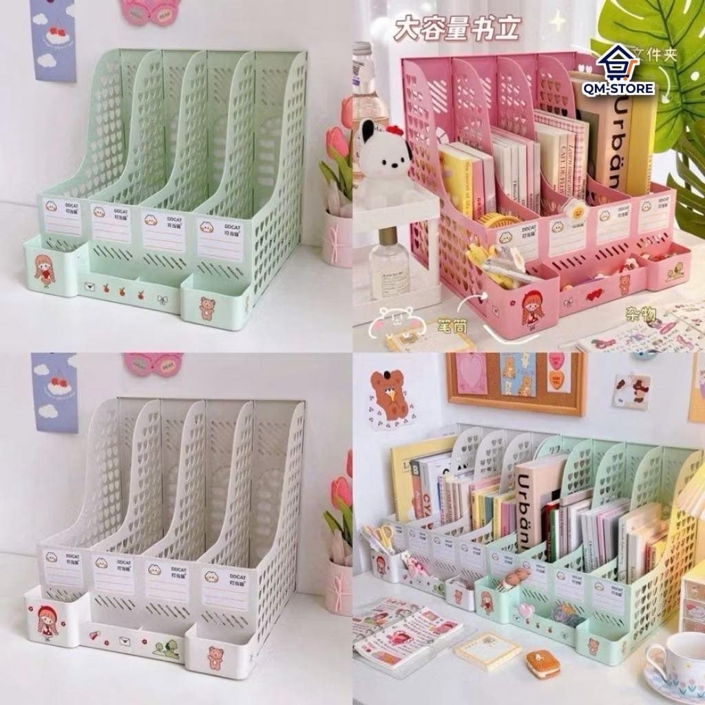 [Tặng Sticker] Giá Để Tài Liệu,  4 Ngăn, 2 tầng. Kệ Nhựa Đựng Sách Decor Bàn Học. Đựng bút