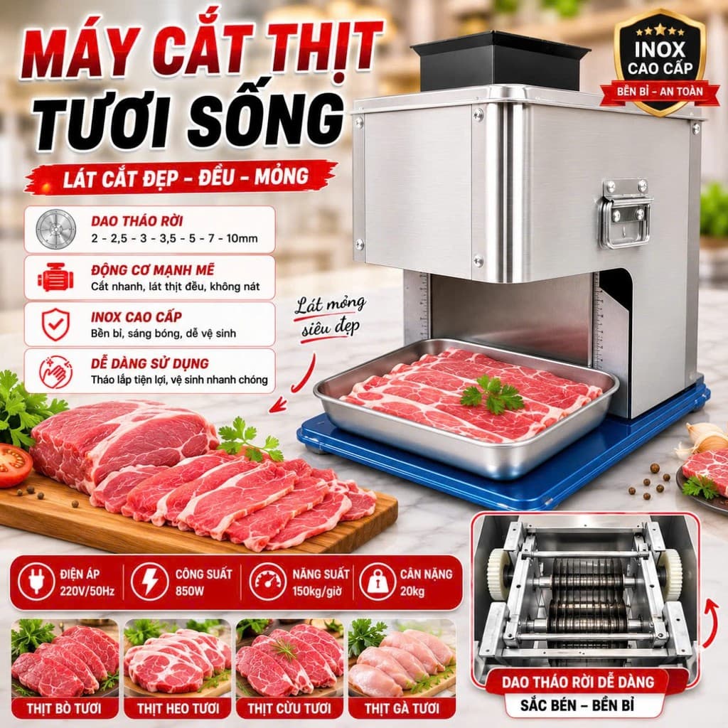 Máy thái thịt tươi sống dao tháo rời 2MM, 2,5MM,3MM, 3,5MM, 5MM,7MM,10MM New Mới 100% Bh chính hãng