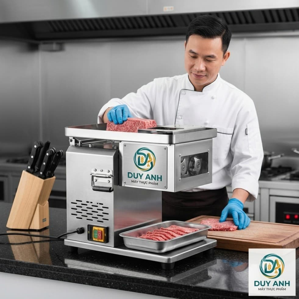 Máy cắt thịt tươi sống QX 260 - Máy thái thịt bê, thịt bò đầy đủ cỡ dao năng suất 150 kg/h với lưỡi dao thép trắng