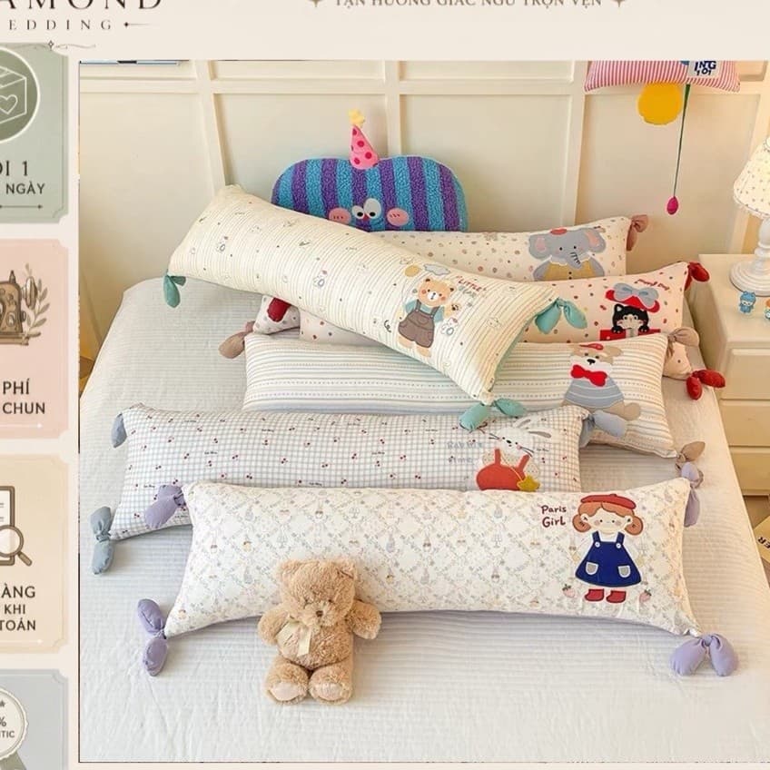Gối ôm dài,gối tựa đầu giường đa năng,thiết kế thắt nơ xinh xắn,vải thêu hình cute có ruột bên trong tách rời