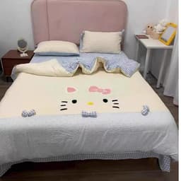 Bộ vỏ chăn ga gối Đũi 4 món thêu Hello kitty dễ thương,vỏ gối đính nơ xinh xắn vải êm mềm có độ đàn hồi tốt 5