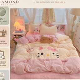 Bộ vỏ chăn ga gối Đũi 4 món thêu Hello kitty dễ thương,vỏ gối đính nơ xinh xắn vải êm mềm có độ đàn hồi tốt 1