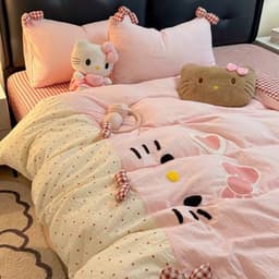 Bộ vỏ chăn ga gối Đũi 4 món thêu Hello kitty dễ thương,vỏ gối đính nơ xinh xắn vải êm mềm có độ đàn hồi tốt 4