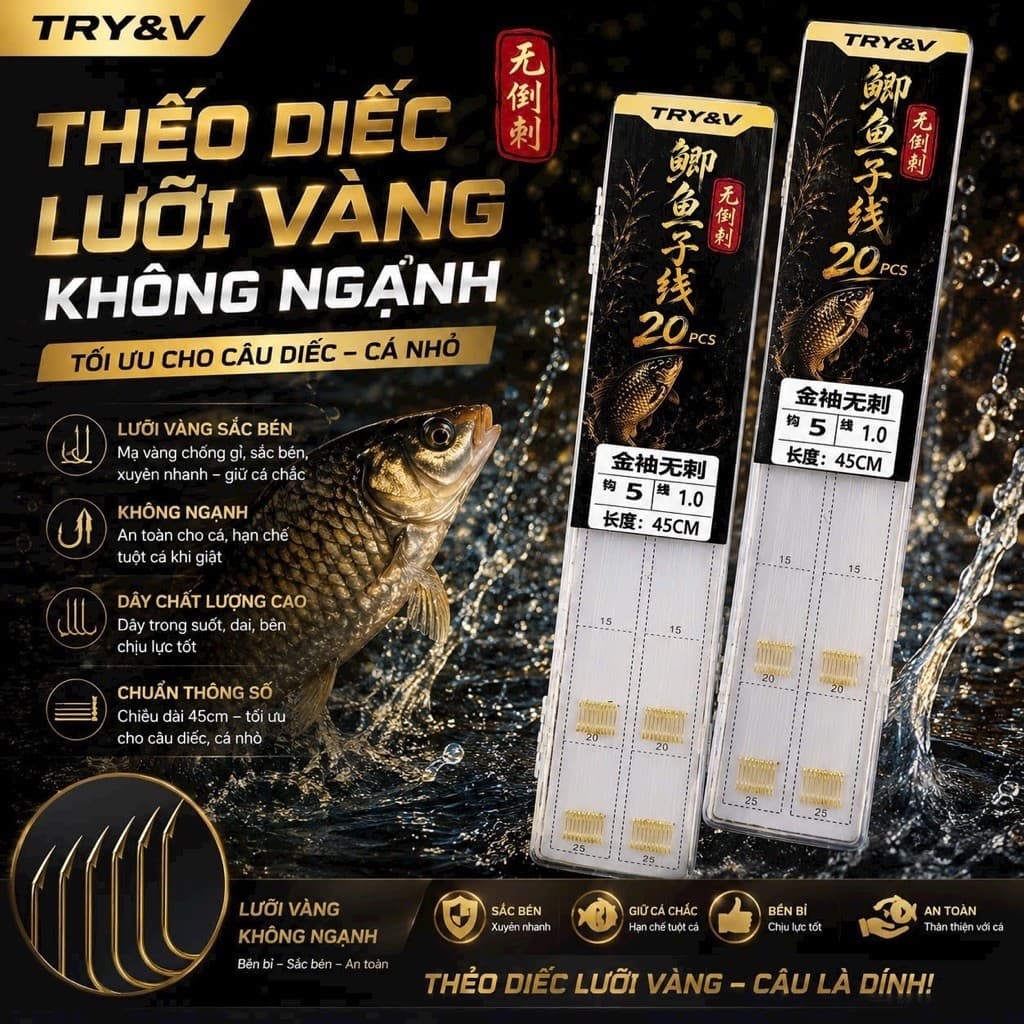 Thẻo câu đài, thẻo câu cá diếc, thẻo lưỡi diếc vàng không ngạnh Try&Vy
