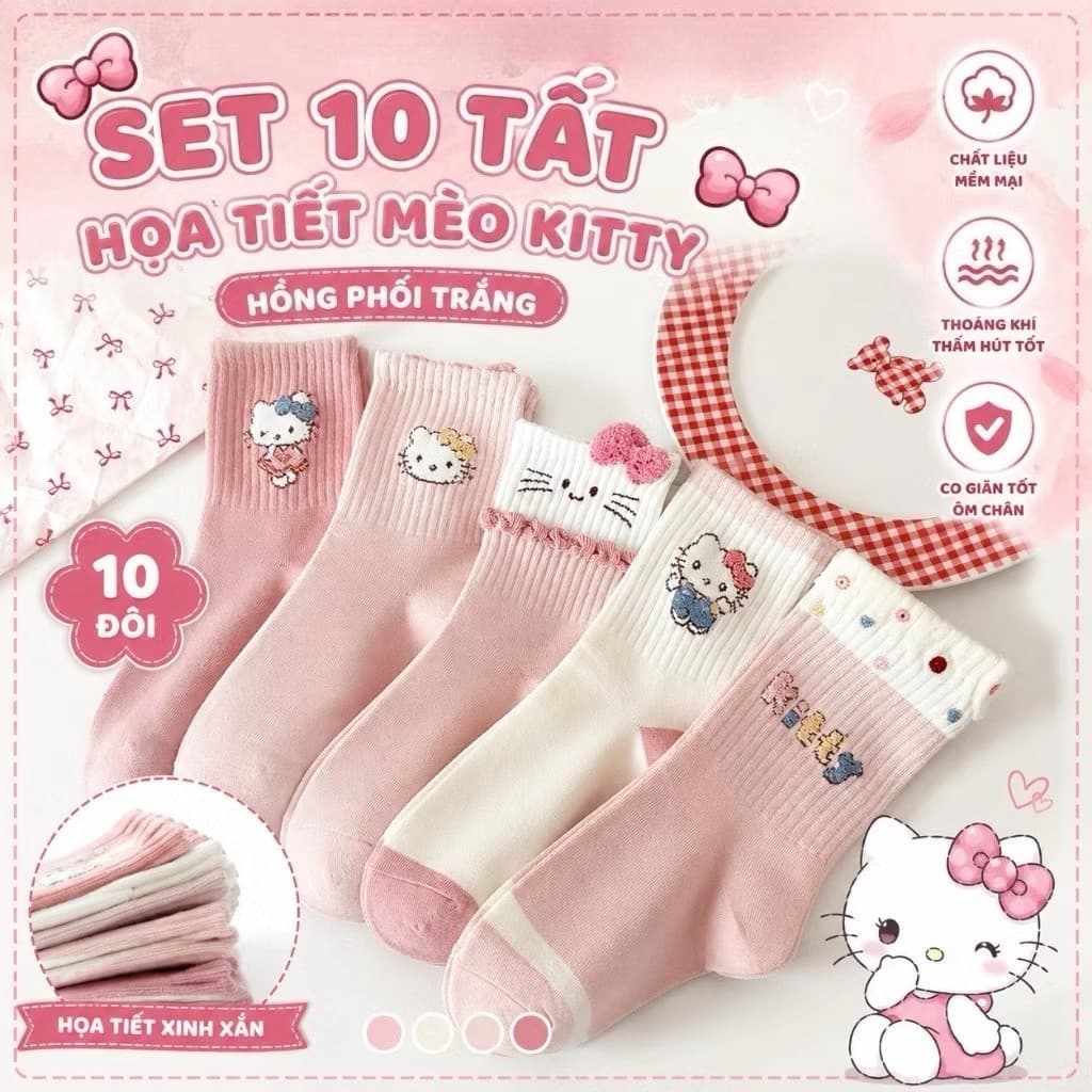 Set 10 Đôi Tất Nữ Họa Tiết Mèo  kitty Dễ Thương- Tất cổ  Cao Hồng Trắng