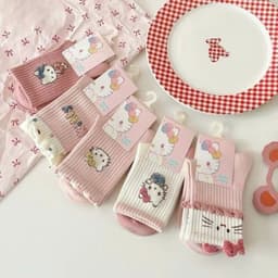 Set 10 Đôi Tất Nữ Họa Tiết Mèo  kitty Dễ Thương- Tất cổ  Cao Hồng Trắng 6