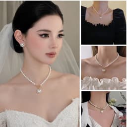 Vòng Cổ Ngọc Trai Nữ Mặt Trái Tim Đính Đá Khóa Chữ T Mạ Vàng Phụ Kiện Cô Dâu Tiệc Cưới 1