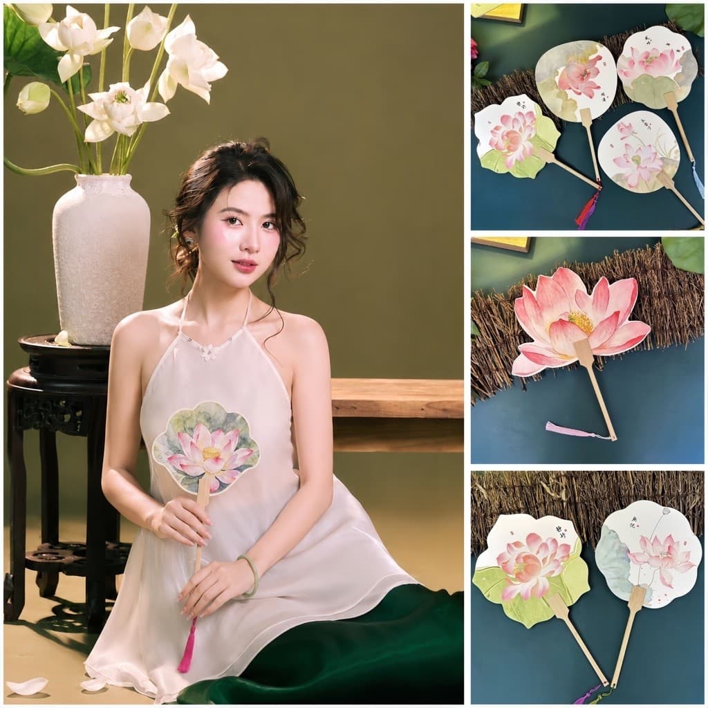 Quạt Cầm Tay Hoa Sen Nghệ Thuật – Quạt Lá Sen Mini Chụp Ảnh, Phụ Kiện Áo Dài Cô Dâu, Trang Trí Cổ Phong