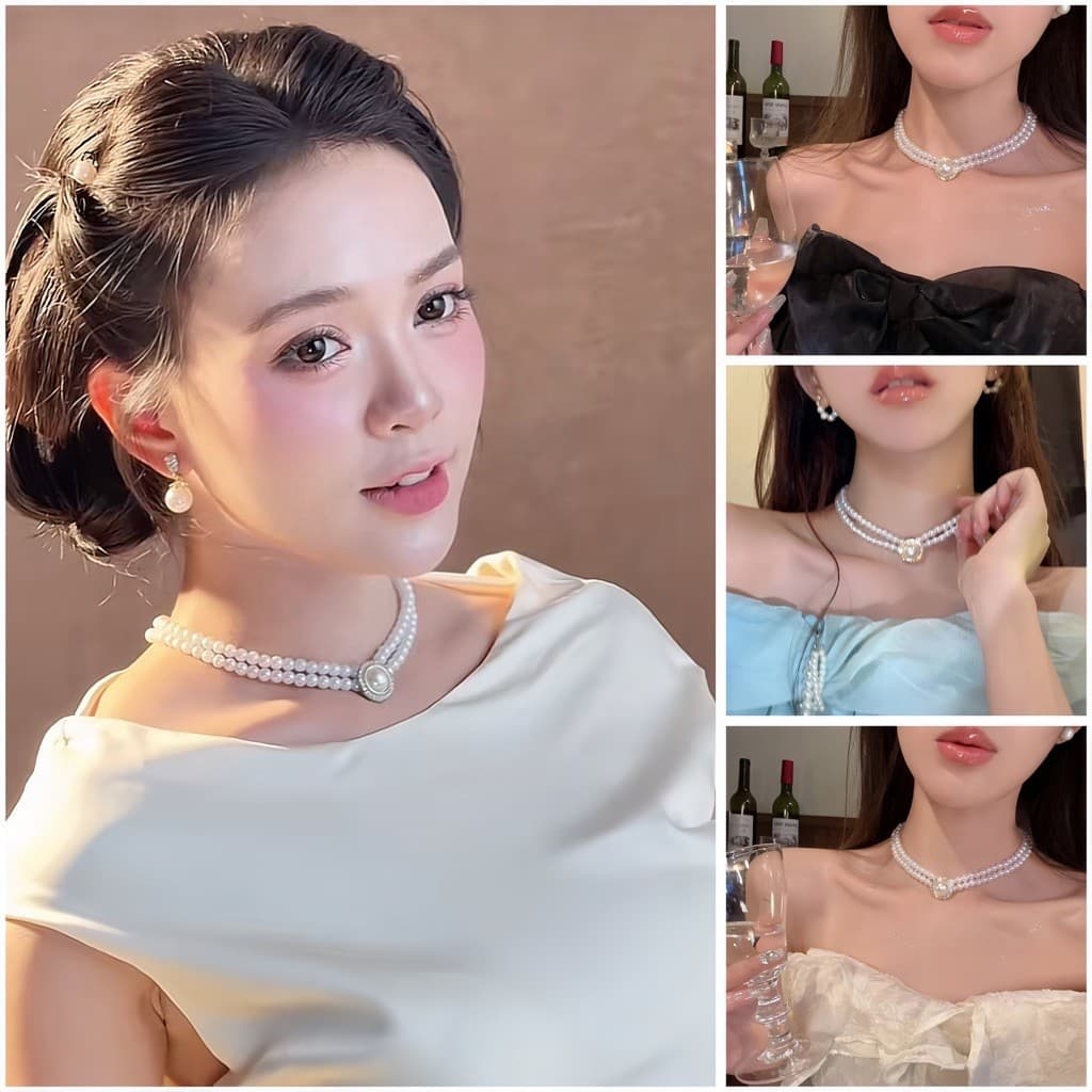 Dây Chuyền Ngoc Trai 2 Tầng Mặt Ngoc Trai Viền Đá Sang Trọng – Vòng Cổ Nữ Tiểu Thư Cô Dâu Dự Tiệc