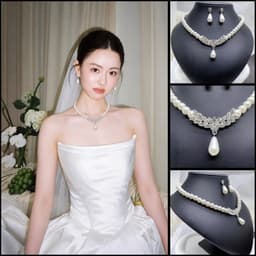 Bộ Trang Sức Cô Dâu Ngọc Trai 2 Món – Vòng Cổ Khuyên Tai Ngọc Trai Giọt Nước Đính Đá Sang Trọng 1