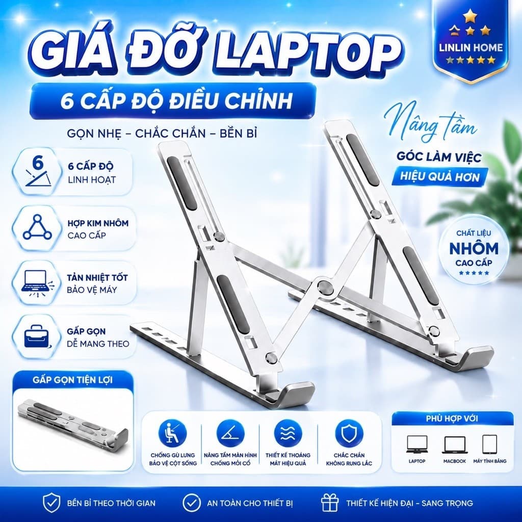 [DEAL MỞ BÁN] Giá Đỡ Laptop N3 Hợp Kim Nhôm Cao Cấp 16 Inch – Kệ Kê Máy Tính Xách Tay, 6 Mức Điều Chỉnh, Gấp Gọn Dễ Dàng
