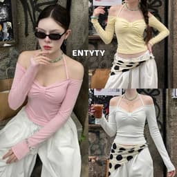 Áo Thun Nữ Trễ Vai NIVRA Dài Tay Kiểu Dây Buộc Yếm Phối Nơ Xoắn Ngực Ôm Tôn Dáng 1