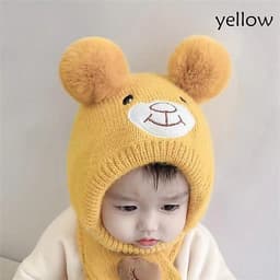 (6-36 tháng) Mũ Len Phủ Tai Mặt Gấu Cho Bé - Mũ Len Dệt Kim Kín Cổ Mềm Mại Dễ Thương  6