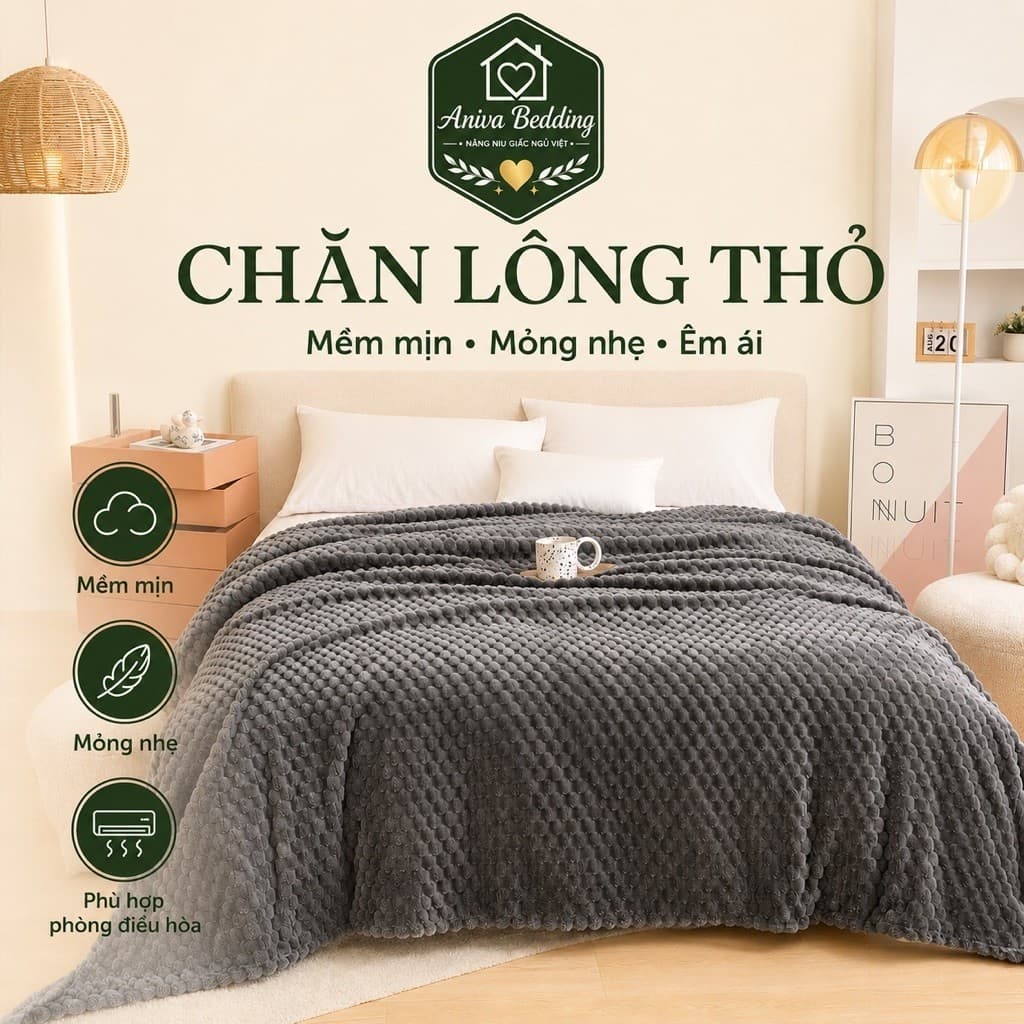 Chăn Lông Thỏ Aniva Bedding 2m x 2m2, Mỏng Nhẹ Mềm Mịn, Mền Đắp Điều Hòa Dùng Quanh Năm
