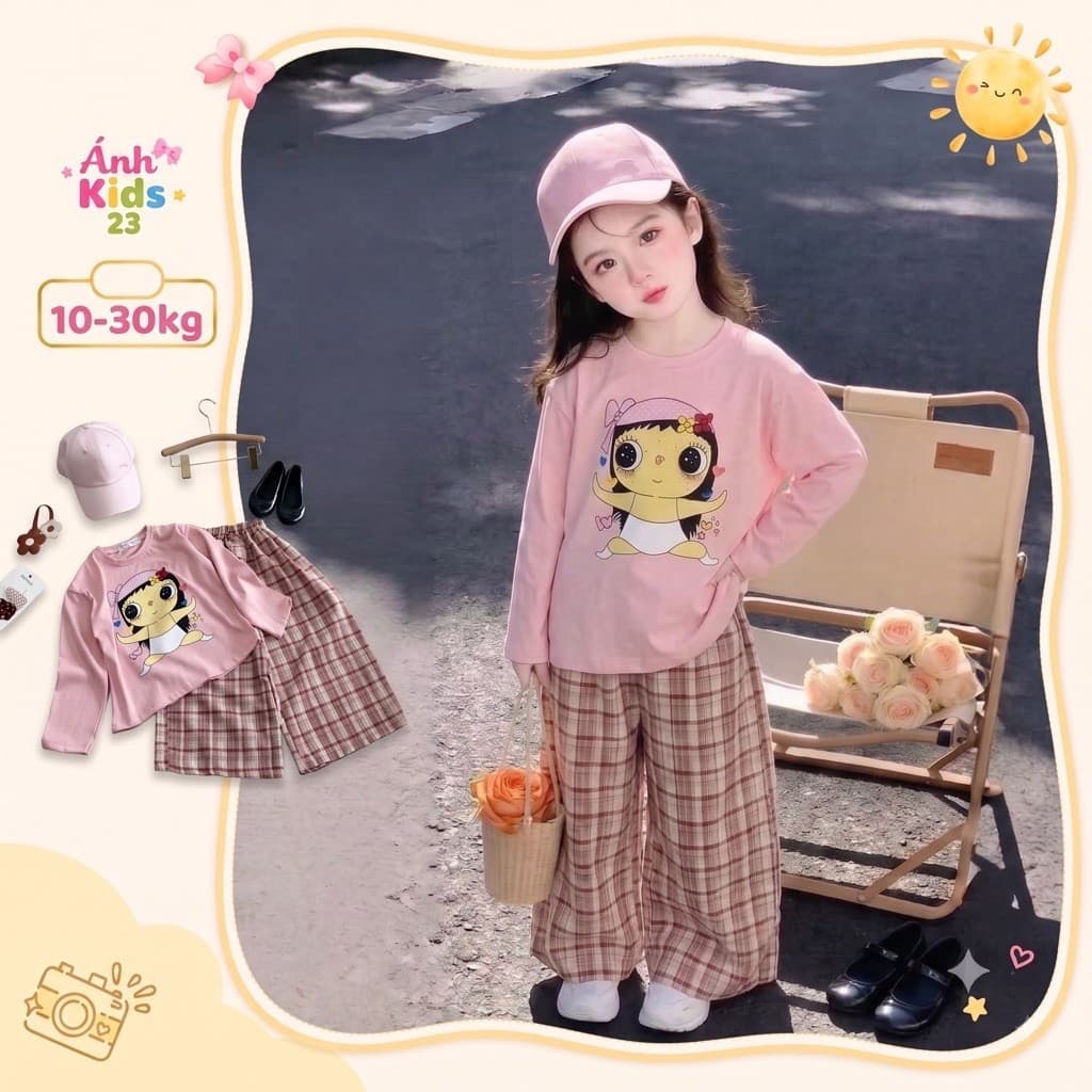 Set bộ thu đông cho bé gái, quần áo dài tay cho bé gái, áo cotton quần ống rộng 10-30kg Anhkids23