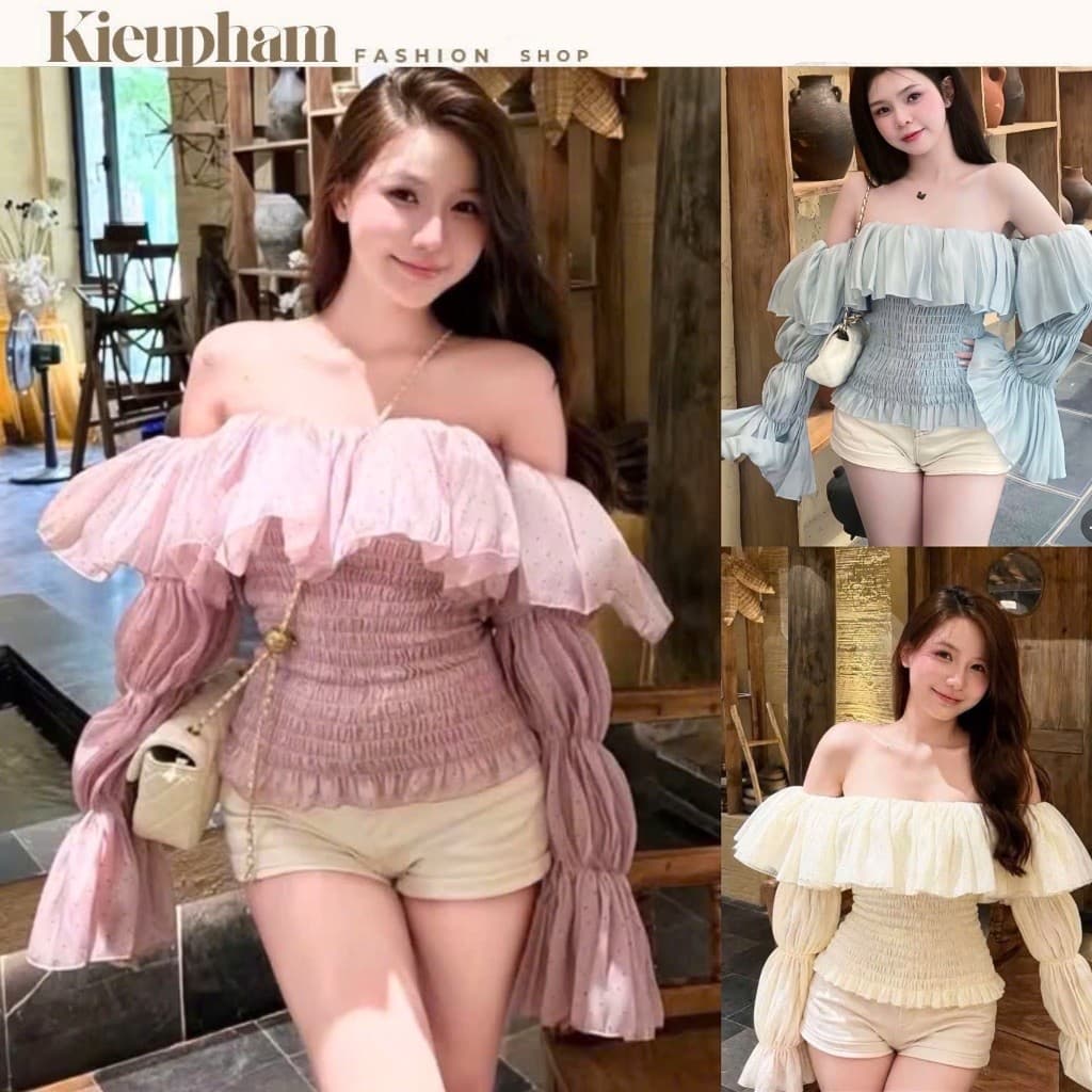 Áo Trễ Vai Nữ Tay Dài Nhún Bèo Kiểu Hàn Quốc, Áo Bo Chun Eo Dáng Croptop Thời Trang Nữ Kieupham.shop