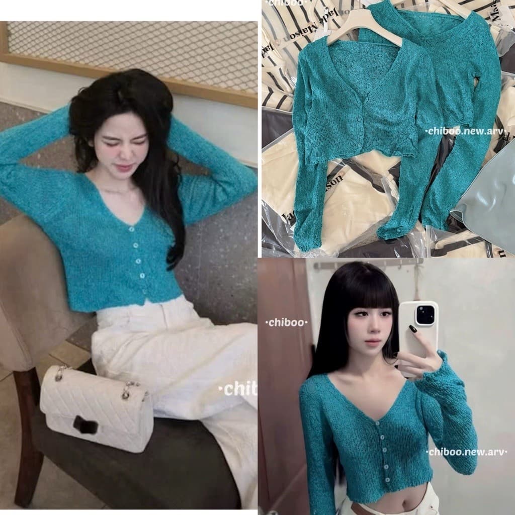 Áo Cardigan Len CROPTOP Dệt Kim Cổ V Nút Cài XANH CỔ VỊT – Form Ôm Tôn Dáng