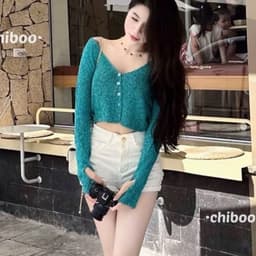 Áo Cardigan Len CROPTOP Dệt Kim Cổ V Nút Cài XANH CỔ VỊT – Form Ôm Tôn Dáng 2