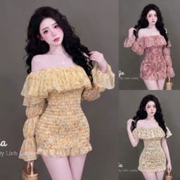Đầm Hoa Nhí Trễ Vai Tay Phồng Dáng Chữ A Co Giãn Eo Smocking Nữ Tính Kieupham.shop 1