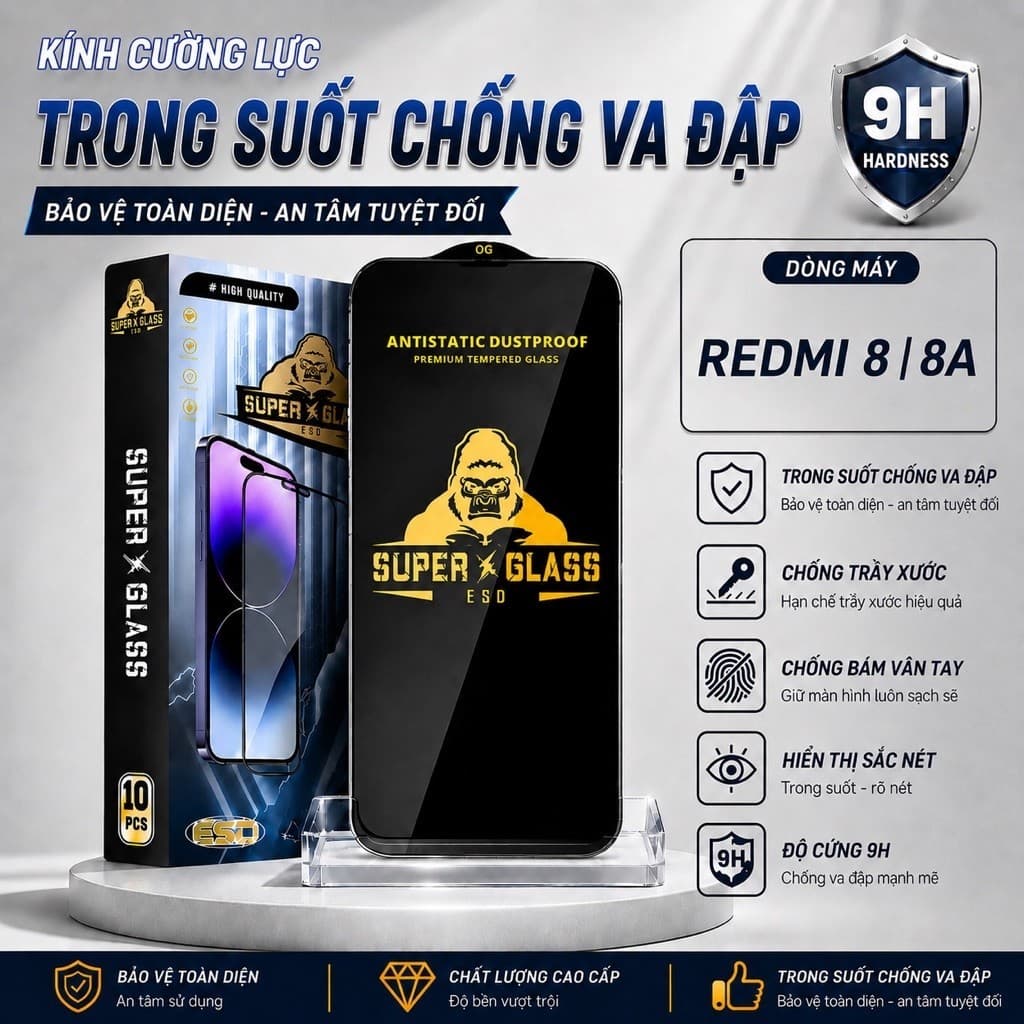 Kính cường lực Redmi 8, 8A trong suốt full màn miếng dán bảo vệ màn hình điện thoại Redmi