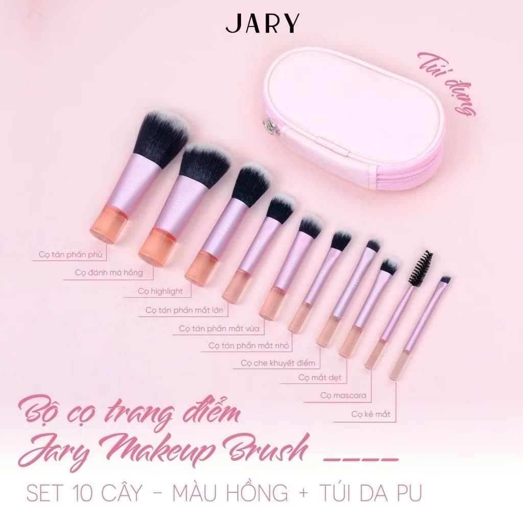 [SET 10 CÂY] Bộ cọ trang điểm Jary Makeup Brush + Túi đựng da PU