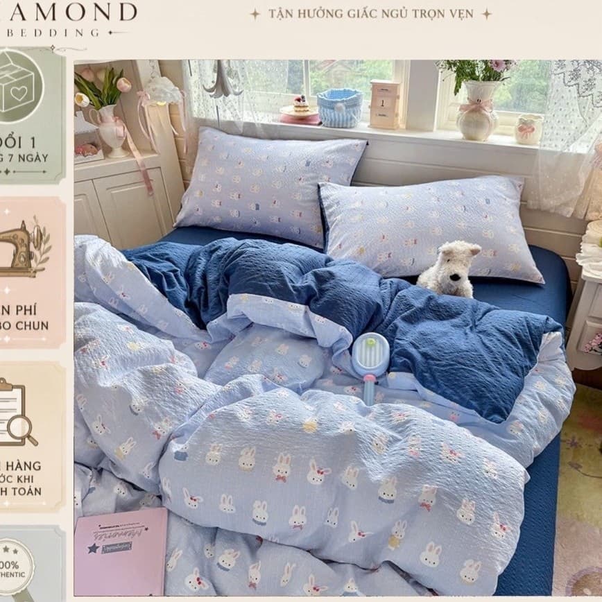 Bộ vỏ chăn ga gối Cotton Đũi gân hoạ tiết cute,bộ 4 món,vỏ chăn có khoá kéo để lồng ruột chăn