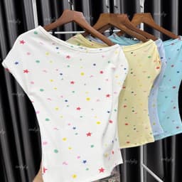 Áo lệch vai cotton ôm body in ngôi sao chất rib lụa co giãn, mềm mại MASSEC A100 6