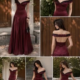 P412 - Đầm dự tiệc dáng dài cổ v trễ vai chất lụa phối viền ren chân váy voan xòe 1