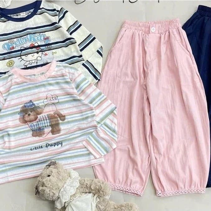 Quần áo thu đông bé gái, set bộ áo cotton giấy kẻ sọc kèm quần gió mềm dáng thụng thoải mái cho bé 15-37kg