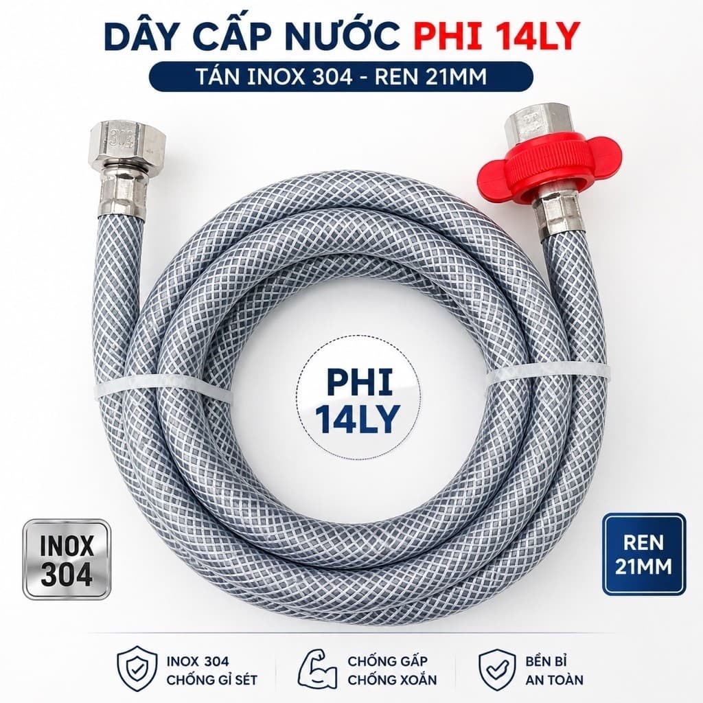 DÂY CẤP NƯỚC CAO CẤP,DÂY NHỰA XÁM 3 LỚP TÁN REN 21mm gắn vào thiết bị vệ sinh thông dụng gia đình