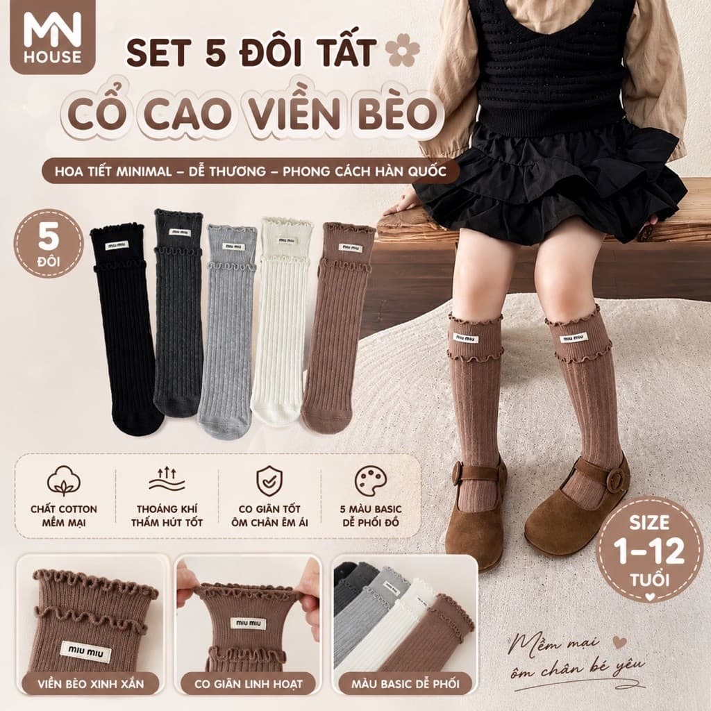Set 5 Đôi Tất Cho Bé Gái Cổ Cao Viền Bèo Hoạ Tiết Min Min Dễ Thương Phong Cách Korea