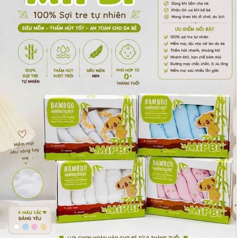 Khăn sữa sợi tre mipbi (hộp 6 cái) chuẩn organic an toàn cho bé