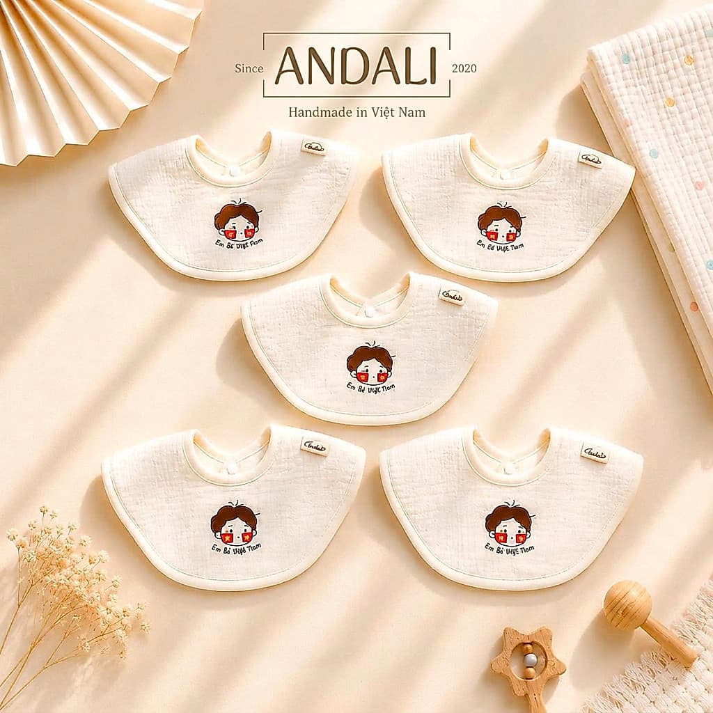 Set 2 yếm tròn em bé Việt Nam anchee, chất đũi gân dày dặn cho bé
