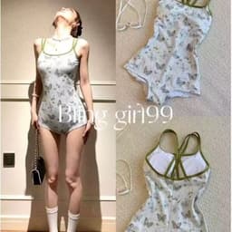 [Hoả Tốc Sẵn] Đồ Bơi,Bikini Thể Thao Nữ Liền Thân Trắng Hoạ Tiết Xanh Nhũ Nhẹ QC Có Lót 1