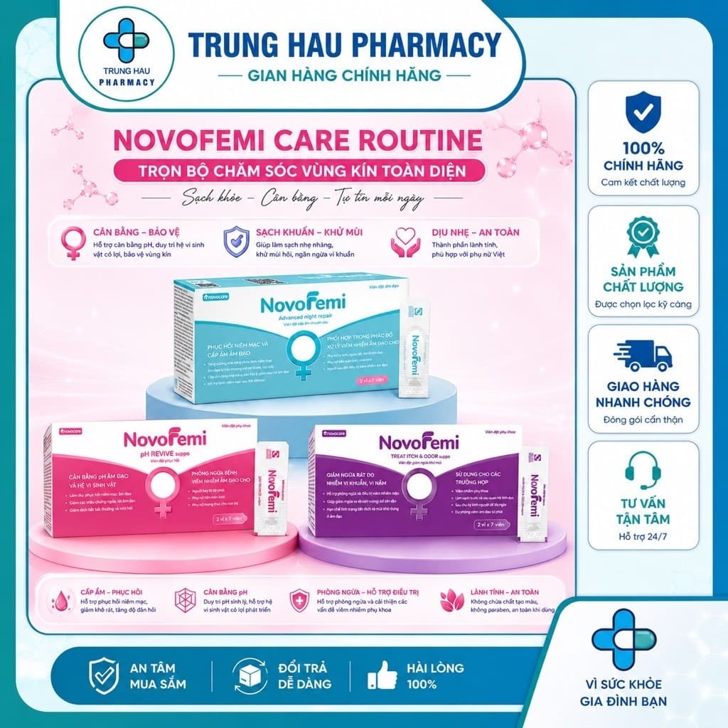 [Che tên] Viên đặt phụ khoa giảm ngứa, khử mùi, dưỡng ẩm Novofemi - Hộp 14 viên