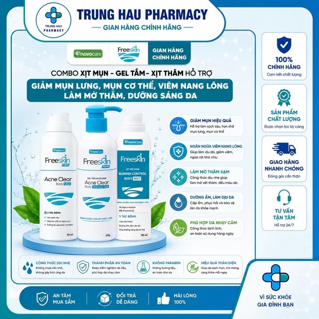 Combo Xịt mụn 80ml & Gel tắm ngừa mụn lưng, viêm nang lông 250g & Xịt mờ thâm 80ml Novocare - Freeskin