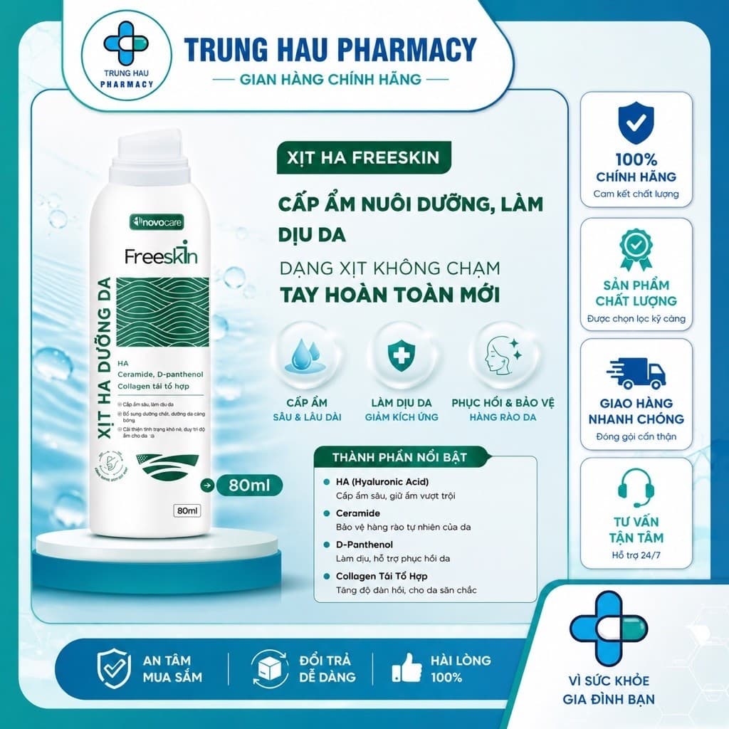 Cấp ẩm sâu, dưỡng ẩm dạng xịt HA Freeskin - Novocare cho da dầu mụn, làm dịu, dưỡng da căng bóng 80ml