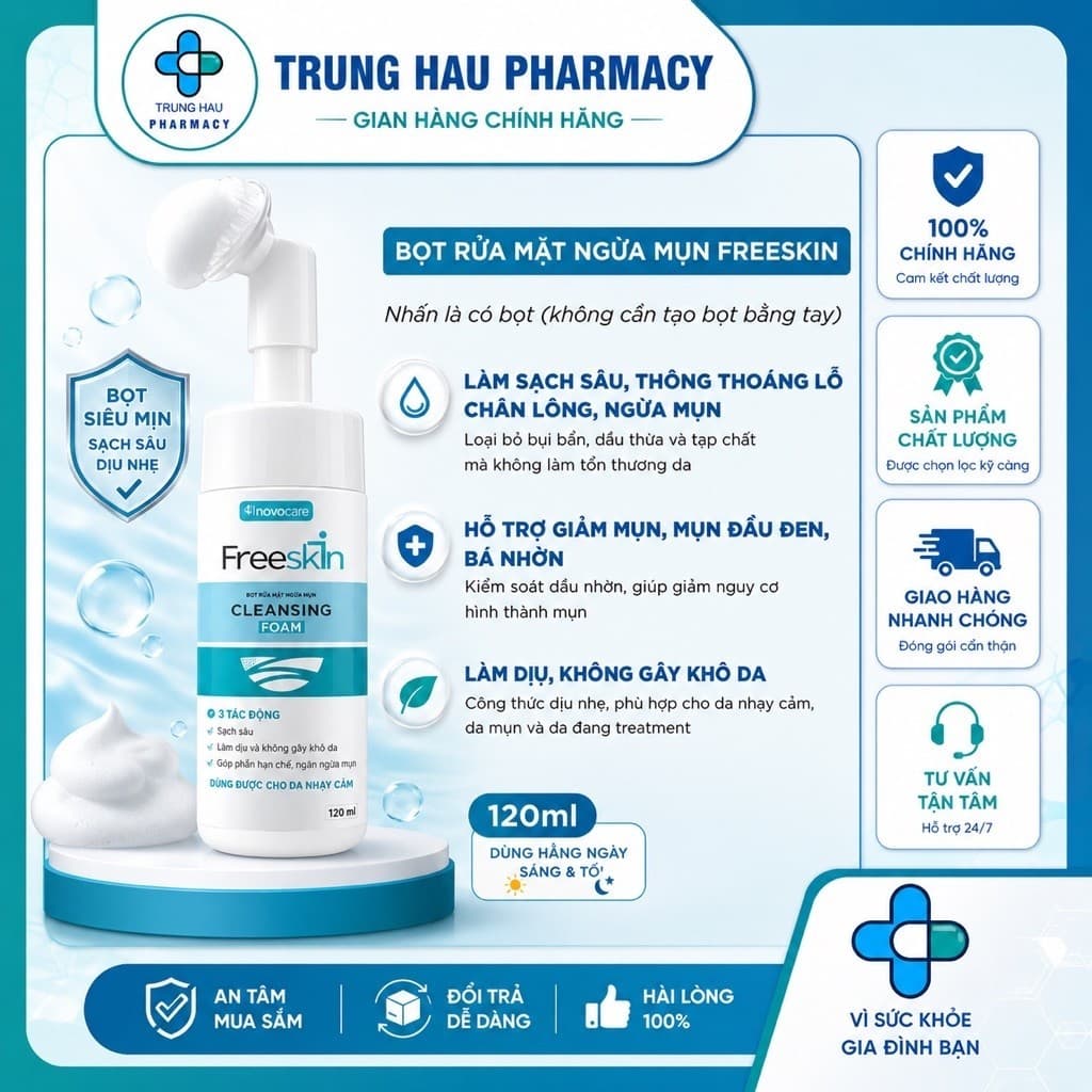Bọt rửa mặt cho da dầu mụn Freeskin - Novocare - Làm sạch sâu, hỗ trợ giảm mụn và bã nhờn, không gây khô căng da 120ml