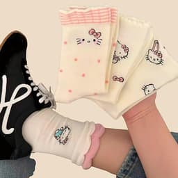Set 5 Đôi Tất Vớ Cotton Cổ Cao Nữ Hình Hello Kitty Đáng Yêu Phong Cách Nhật Bản tt86 2