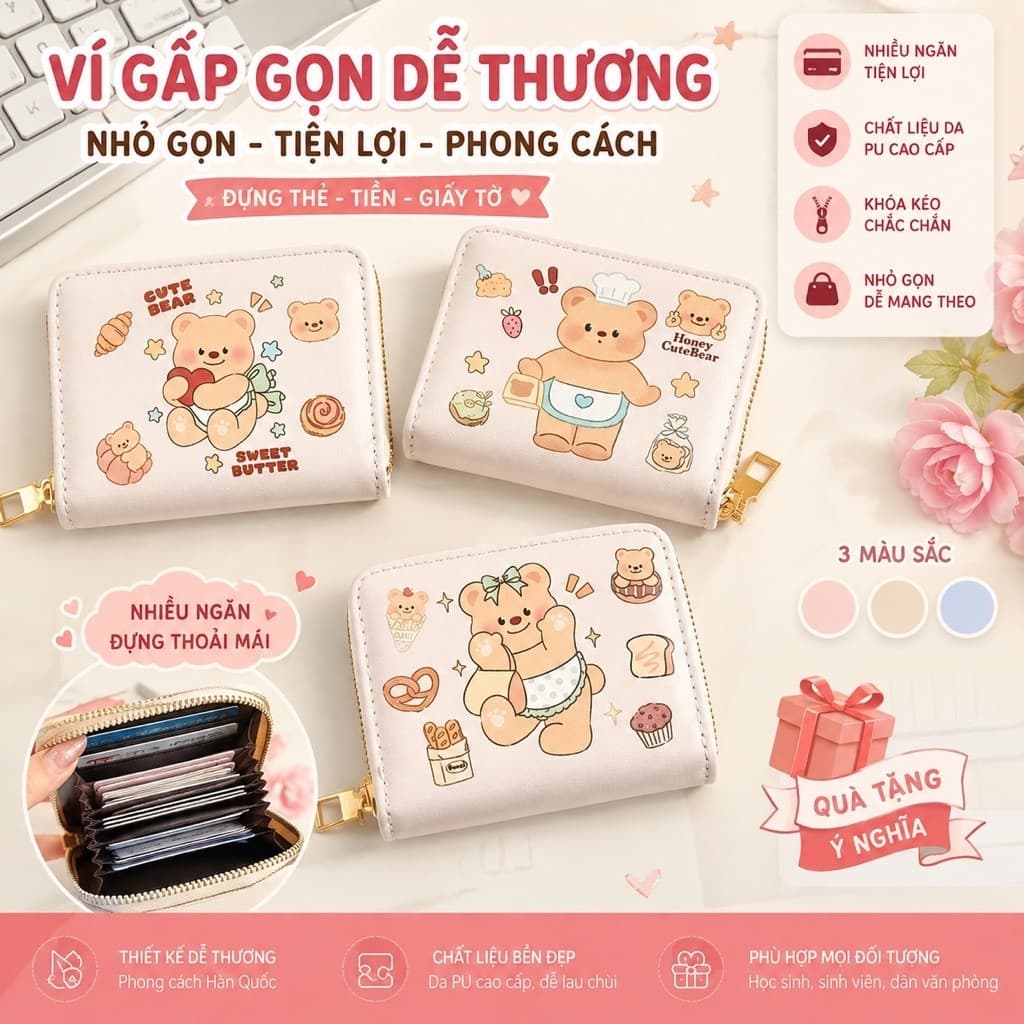 Ví Đựng Thẻ Mini Họa Tiết Gấu Dễ Thương, Ví Nhiều Ngăn Khóa Kéo Tiện Dụng Nhỏ Gọn