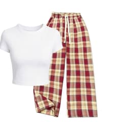 < Rẻ Vô Địch > bé gái 30 - 48kg sét bộ quần dài kẻ caro đỏ + mix áo croptop tăm lạnh trơn co dãn 3