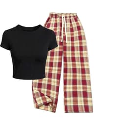 < Rẻ Vô Địch > bé gái 30 - 48kg sét bộ quần dài kẻ caro đỏ + mix áo croptop tăm lạnh trơn co dãn 2