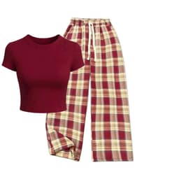 < Rẻ Vô Địch > bé gái 30 - 48kg sét bộ quần dài kẻ caro đỏ + mix áo croptop tăm lạnh trơn co dãn 1