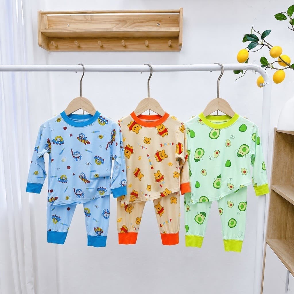 Bộ thun lạnh tay dài họa tiết cho bé trai và bé gái 7-16kg chất mềm mát