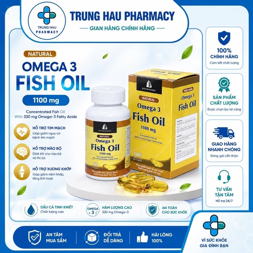 Viên uống dầu cá thiên nhiên Omega 3 Fish Oil 1100mg Boston Pharma- Lọ 100 viên