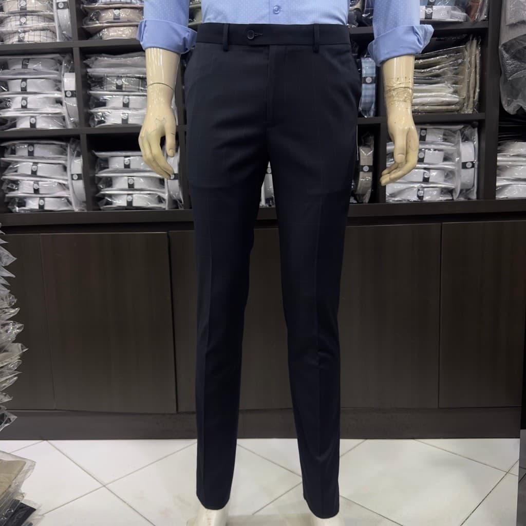 Quần âu nam Owen màu xám xanh tím than kẻ slim fit tăng đơ 2 cạp vải poly QST262075