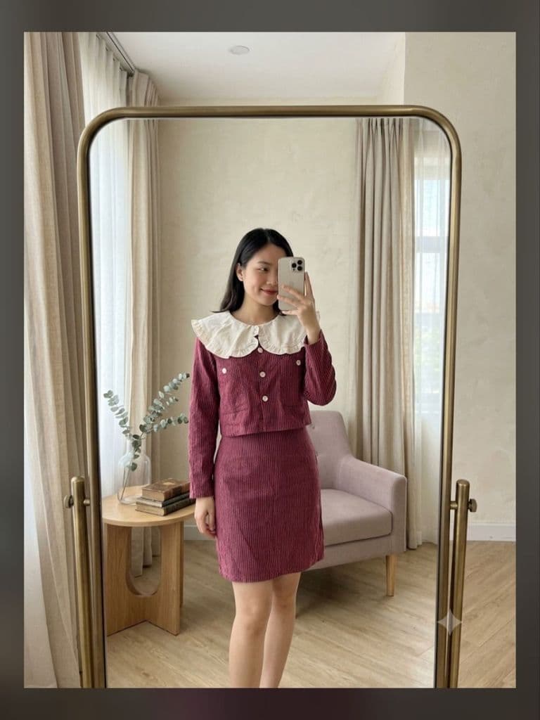 [Hàng thanh lý] Set đồ bộ thu đông kẻ sọc đỏ đen cổ bèo hàng si secondhand