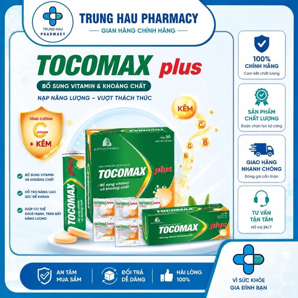Viên sủi C Tocomax Plus Boston Pharma - Hỗ trợ tăng cường sức đề kháng (Hộp 10 viên nén sủi bọt)