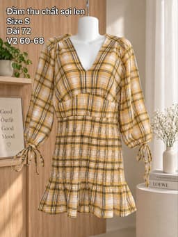 [Hàng thanh lý] Váy thu sợi len kẻ caro vàng ôm hông tay bồng si 2hand 2